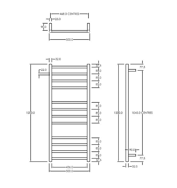 CODE ROUND HEATED TOWEL LADDER 1200X500MM BLACK Bathrooms Online